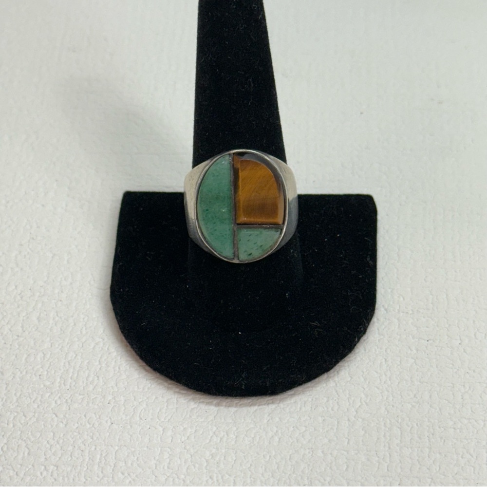 Vintage 1948-1979 Taxco Sterling Silver, Adventurine, Tigers Eye ring - 9 1/2